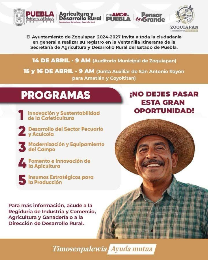 registro en la Ventanilla Itinerante de la Secretaría de Agricultura y Desarrollo Rural del Estado de Puebla.